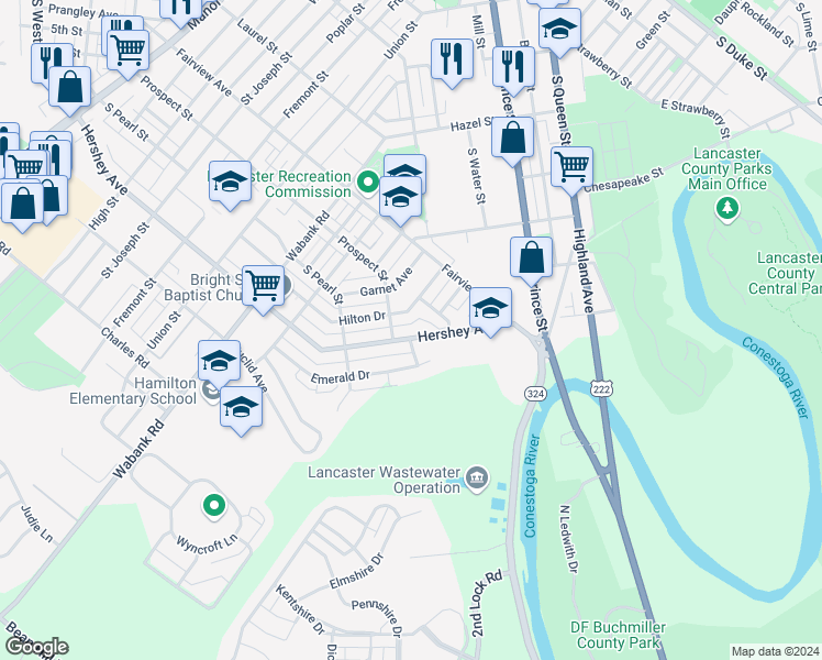 map of restaurants, bars, coffee shops, grocery stores, and more near 815 Hershey Avenue in Lancaster
