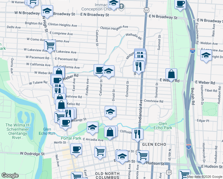 map of restaurants, bars, coffee shops, grocery stores, and more near 287 East Tulane Road in Columbus