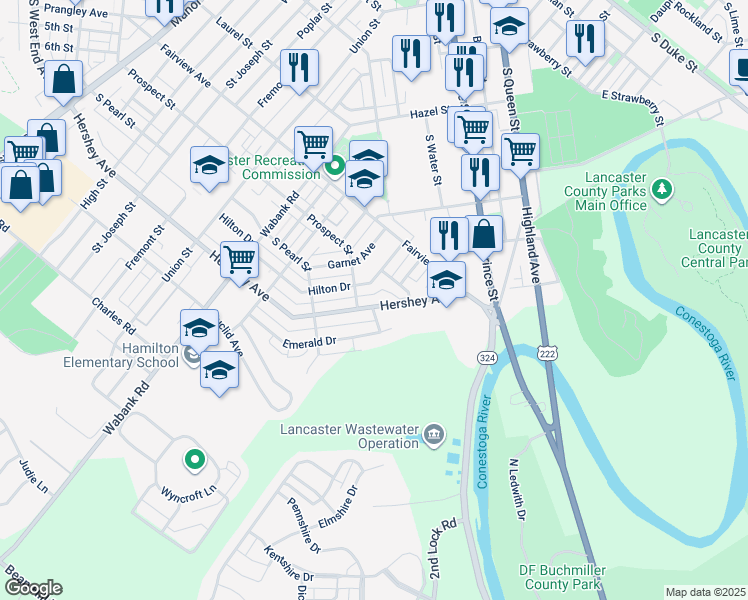 map of restaurants, bars, coffee shops, grocery stores, and more near 815 Hershey Avenue in Lancaster