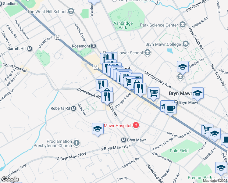 map of restaurants, bars, coffee shops, grocery stores, and more near 32 Thomas Avenue in Bryn Mawr