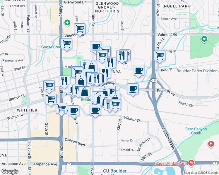 map of restaurants, bars, coffee shops, grocery stores, and more near 3100 Pearl Street in Boulder