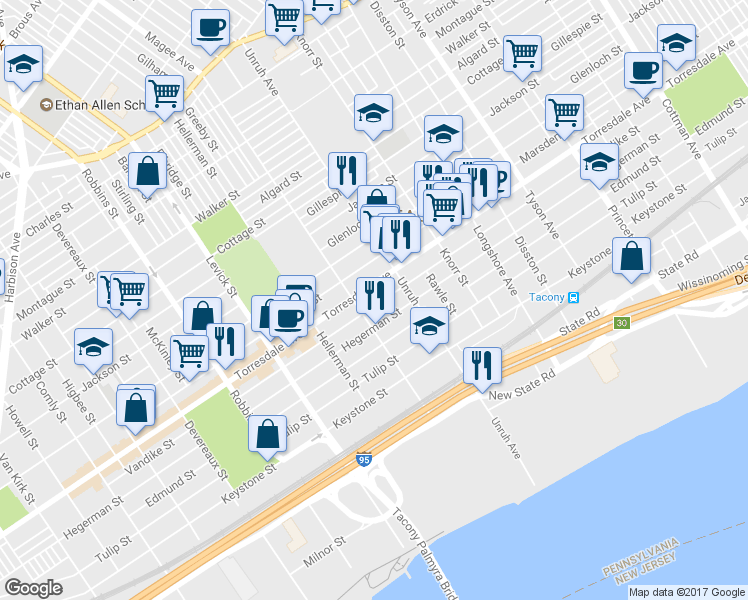 map of restaurants, bars, coffee shops, grocery stores, and more near 6616 Vandike Street in Philadelphia