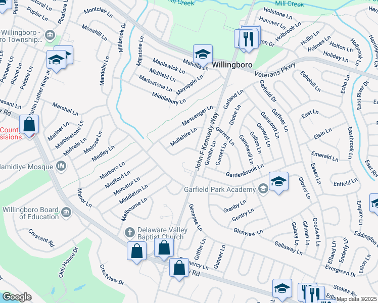 map of restaurants, bars, coffee shops, grocery stores, and more near 44 Medallion Lane in Willingboro