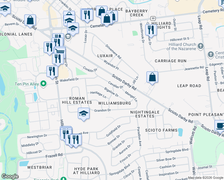 map of restaurants, bars, coffee shops, grocery stores, and more near 5148 Bigelow Drive in Hilliard