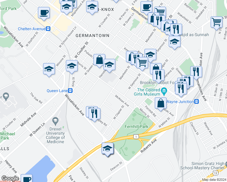 map of restaurants, bars, coffee shops, grocery stores, and more near 406 Manheim Street in Philadelphia