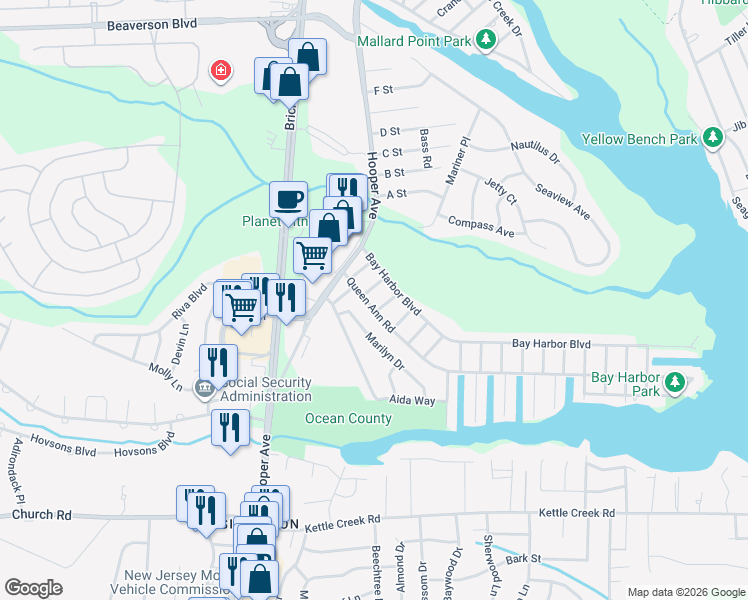 map of restaurants, bars, coffee shops, grocery stores, and more near 165 Queen Ann Road in Brick Township