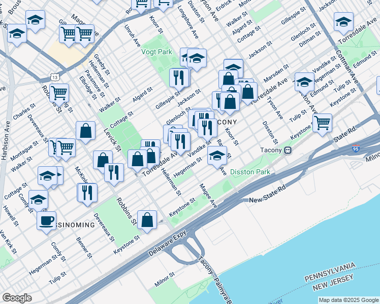map of restaurants, bars, coffee shops, grocery stores, and more near 6616 Vandike Street in Philadelphia