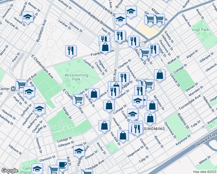 map of restaurants, bars, coffee shops, grocery stores, and more near 4131 Comly Street in Philadelphia