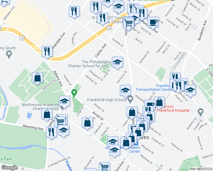 map of restaurants, bars, coffee shops, grocery stores, and more near 1118 Allengrove Street in Philadelphia