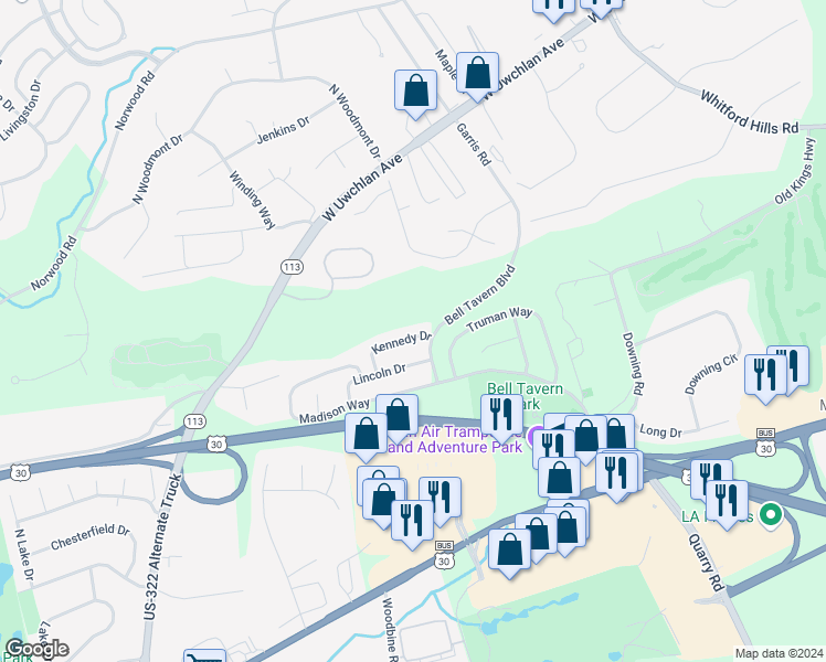map of restaurants, bars, coffee shops, grocery stores, and more near 14 Kennedy Drive in Downingtown