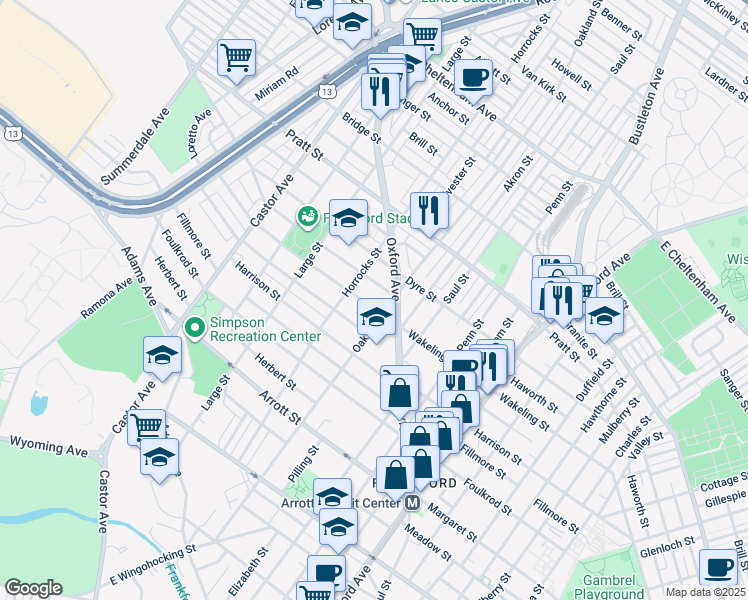 map of restaurants, bars, coffee shops, grocery stores, and more near 1223 Wakeling Street in Philadelphia