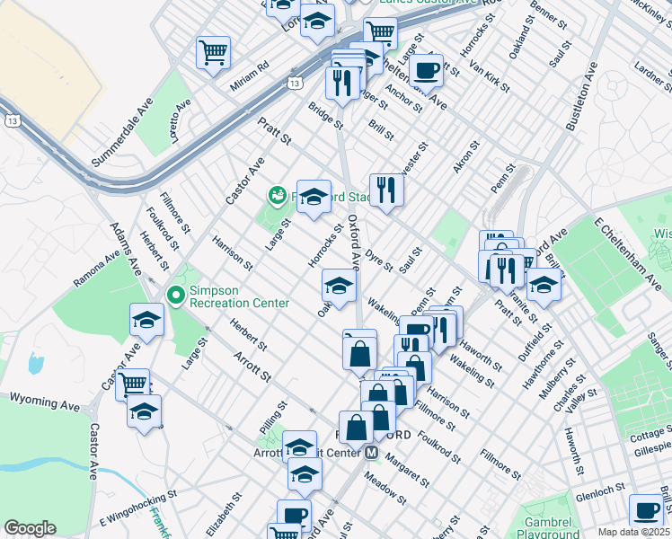 map of restaurants, bars, coffee shops, grocery stores, and more near 1223 Wakeling Street in Philadelphia