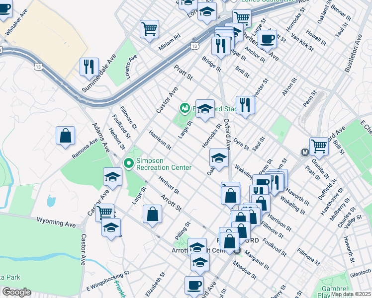 map of restaurants, bars, coffee shops, grocery stores, and more near 1118 Allengrove Street in Philadelphia