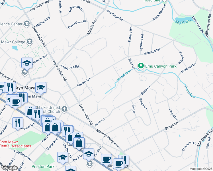 map of restaurants, bars, coffee shops, grocery stores, and more near 556 Ferndale Lane in Haverford