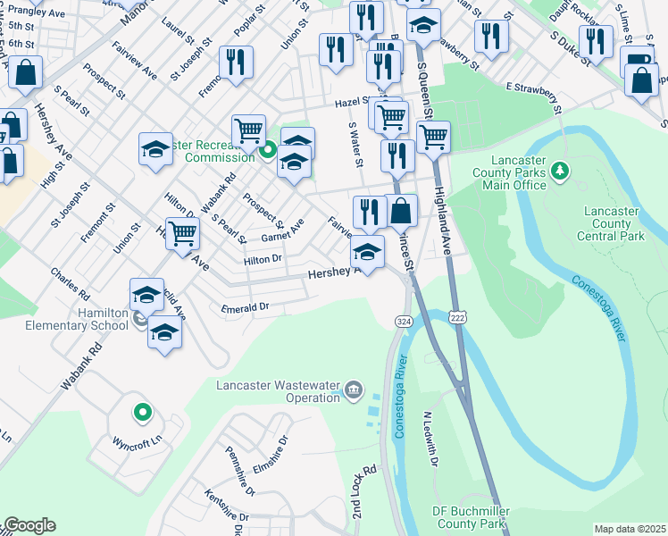 map of restaurants, bars, coffee shops, grocery stores, and more near 831 Lucilla Court in Lancaster