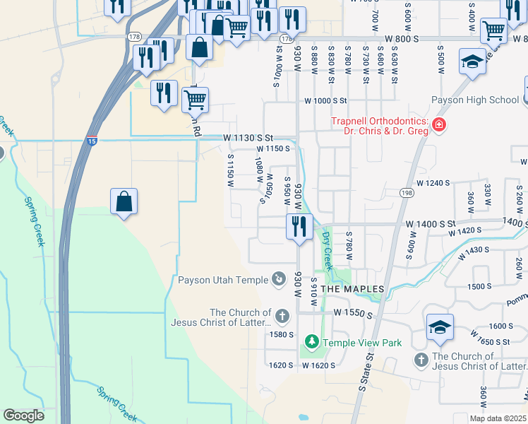 map of restaurants, bars, coffee shops, grocery stores, and more near 1034 West 1350 South in Payson