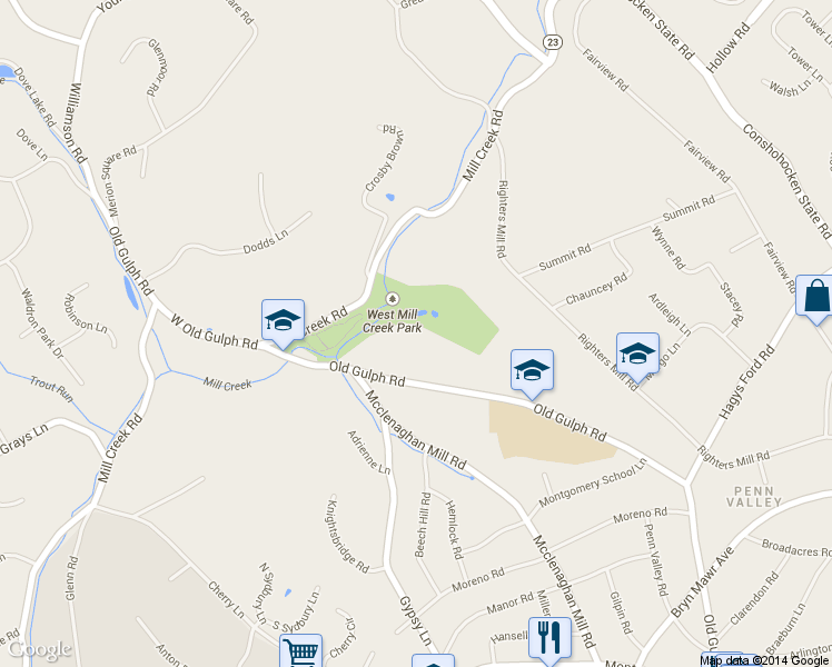 map of restaurants, bars, coffee shops, grocery stores, and more near 117 Old Gulph Road in Gladwyne