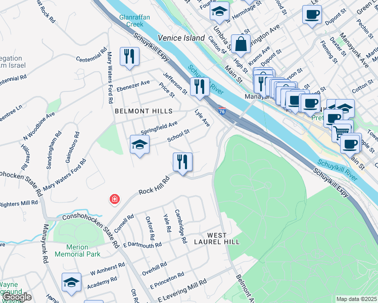 map of restaurants, bars, coffee shops, grocery stores, and more near 132 Maple Avenue in Bala Cynwyd