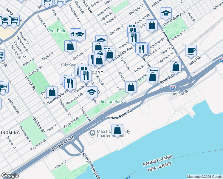 map of restaurants, bars, coffee shops, grocery stores, and more near 4917 Knorr Street in Philadelphia