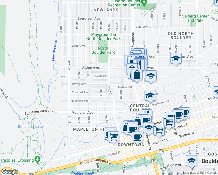 map of restaurants, bars, coffee shops, grocery stores, and more near 2550 9th Street Avenue in Boulder