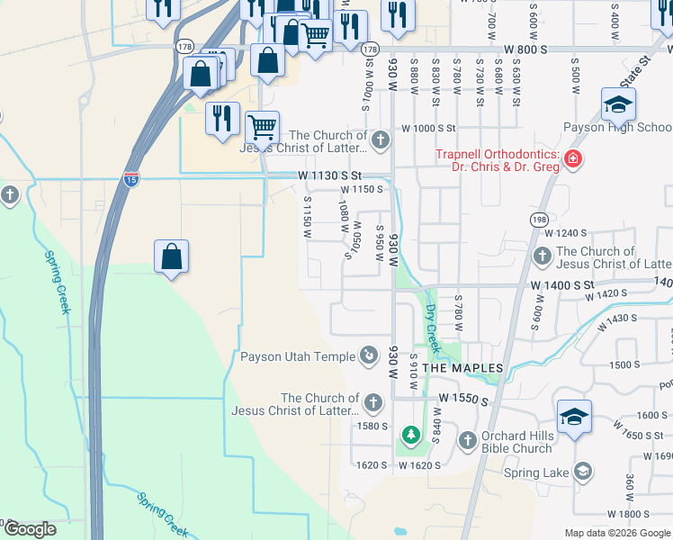 map of restaurants, bars, coffee shops, grocery stores, and more near 1338 South 1050 West in Payson
