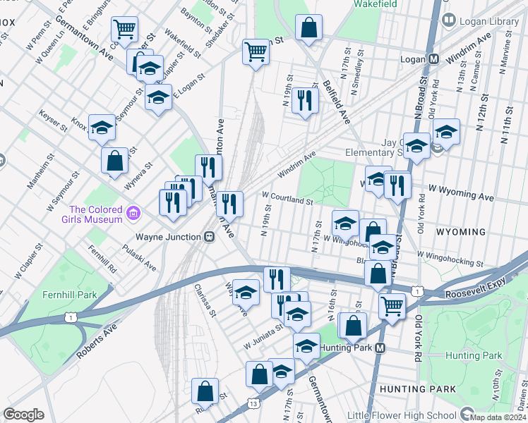 map of restaurants, bars, coffee shops, grocery stores, and more near 4532 North 19th Street in Philadelphia