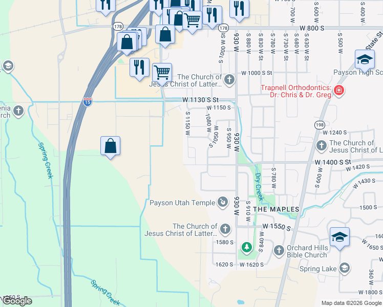 map of restaurants, bars, coffee shops, grocery stores, and more near 2003 South 1150 West in Payson