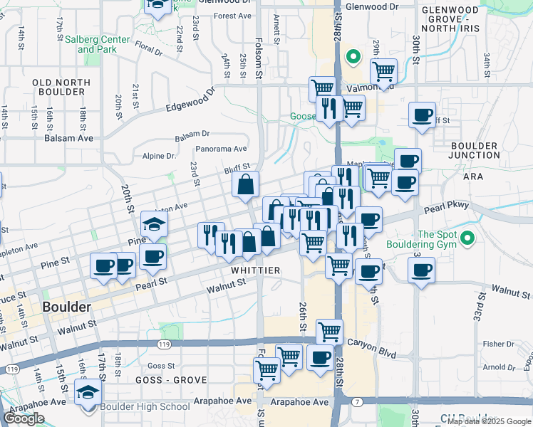 map of restaurants, bars, coffee shops, grocery stores, and more near 2525 Spruce Street in Boulder