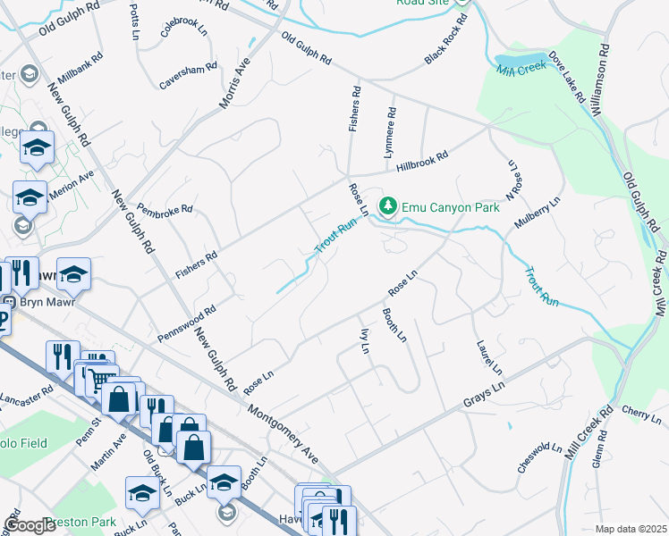map of restaurants, bars, coffee shops, grocery stores, and more near 543 Avonwood Road in Haverford