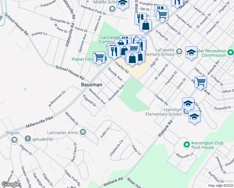 map of restaurants, bars, coffee shops, grocery stores, and more near 220 Rosedale Avenue in Lancaster
