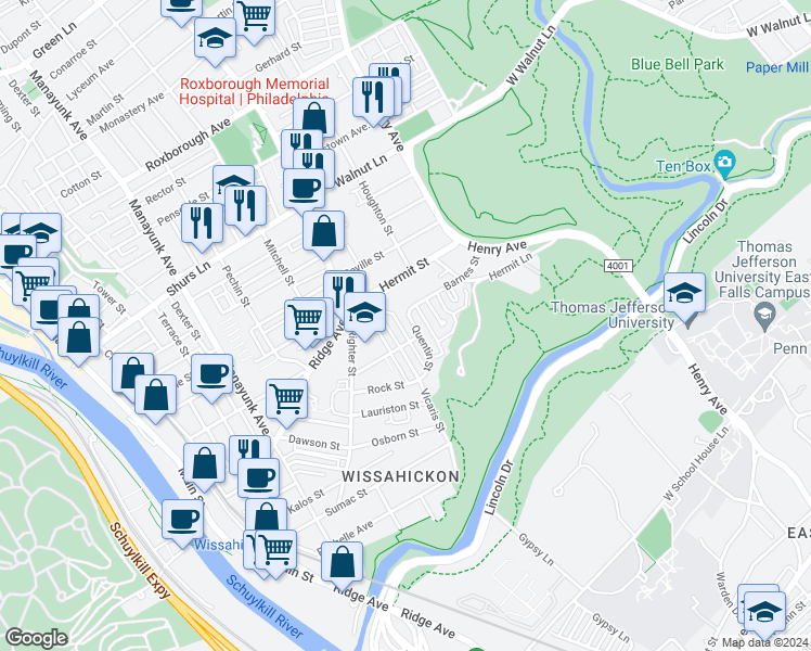 map of restaurants, bars, coffee shops, grocery stores, and more near 5484 Quentin Street in Philadelphia