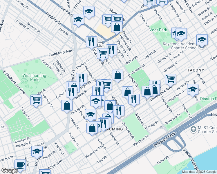 map of restaurants, bars, coffee shops, grocery stores, and more near 6243 Cottage Street in Philadelphia