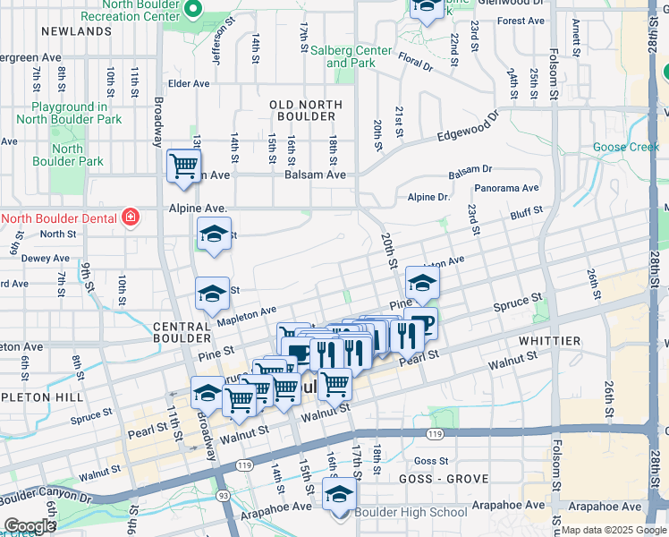 map of restaurants, bars, coffee shops, grocery stores, and more near 2320 18th Street in Boulder