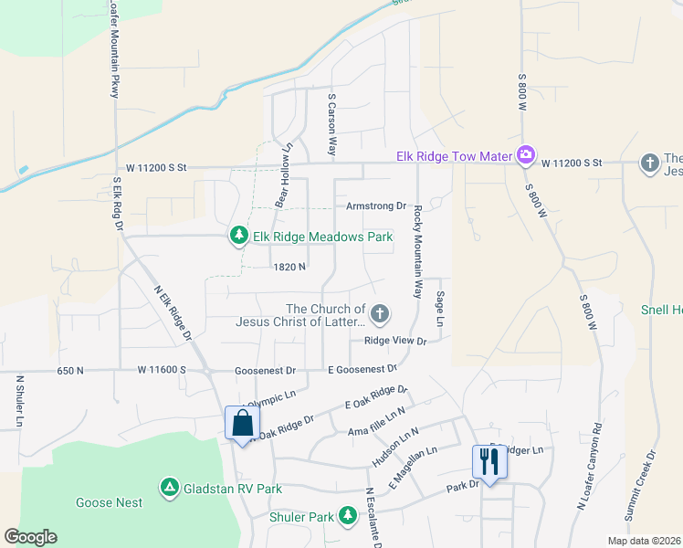 map of restaurants, bars, coffee shops, grocery stores, and more near 93 North Meadow Lark Lane in Elk Ridge
