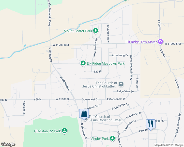 map of restaurants, bars, coffee shops, grocery stores, and more near 141 Wolverine Creek in Elk Ridge