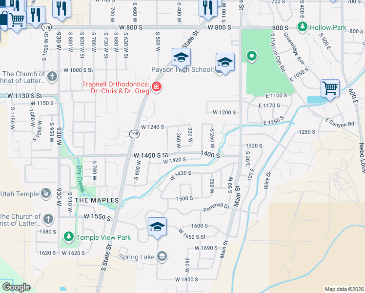 map of restaurants, bars, coffee shops, grocery stores, and more near 347 1380 South in Payson