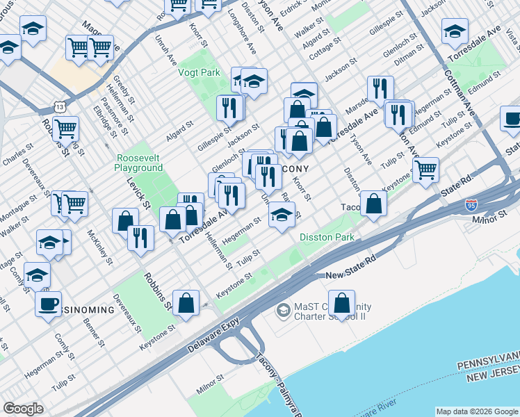 map of restaurants, bars, coffee shops, grocery stores, and more near 6634 Hegerman Street in Philadelphia