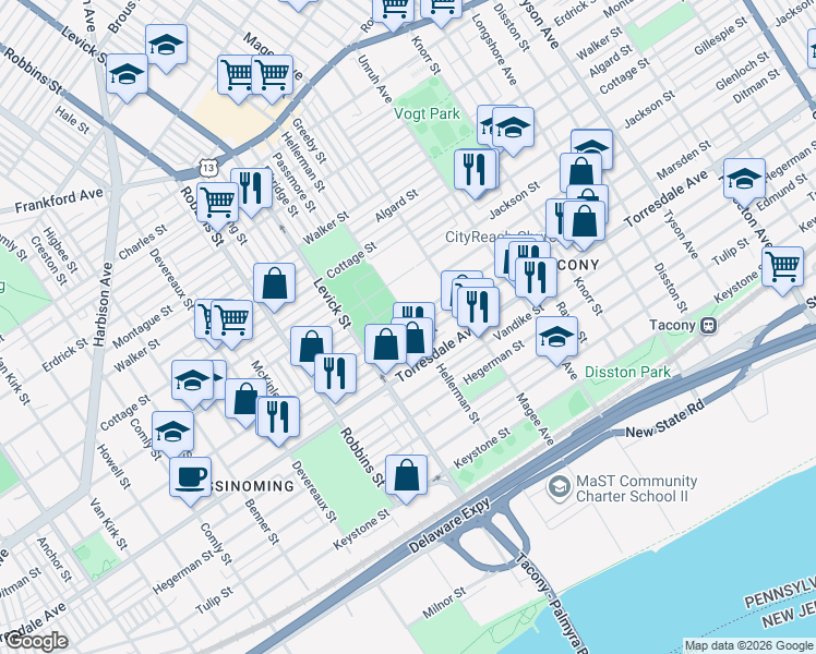 map of restaurants, bars, coffee shops, grocery stores, and more near 6444 Marsden Street in Philadelphia