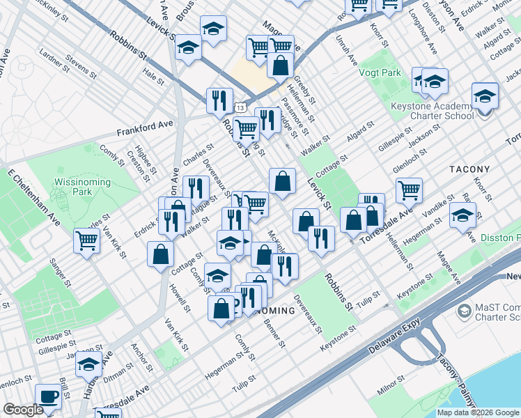map of restaurants, bars, coffee shops, grocery stores, and more near 6243 Cottage Street in Philadelphia