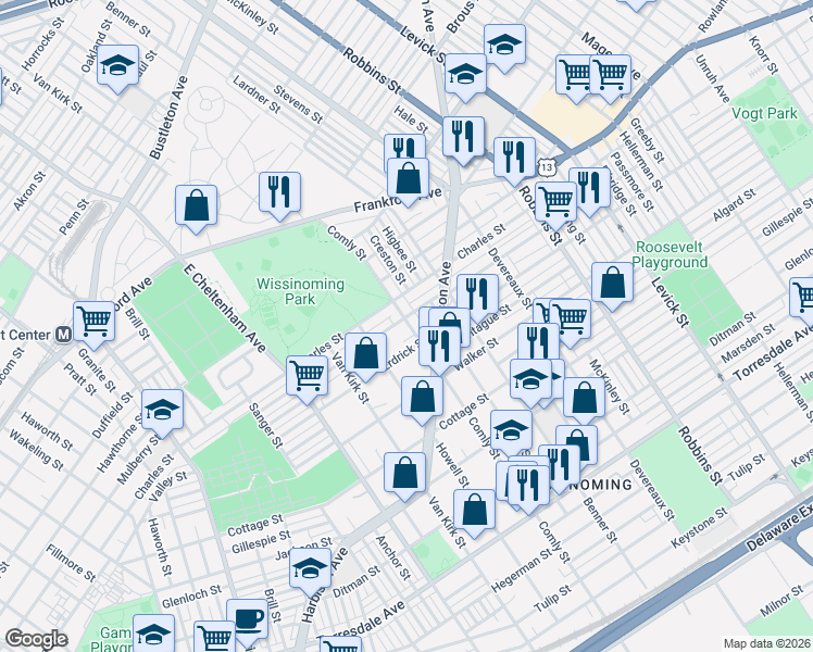 map of restaurants, bars, coffee shops, grocery stores, and more near 4132 Comly Street in Philadelphia