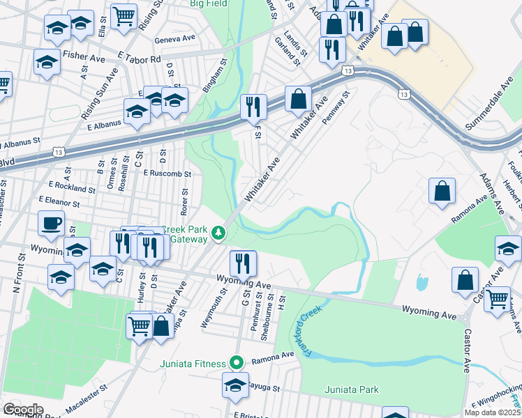 map of restaurants, bars, coffee shops, grocery stores, and more near 4933 Pennway Street in Philadelphia