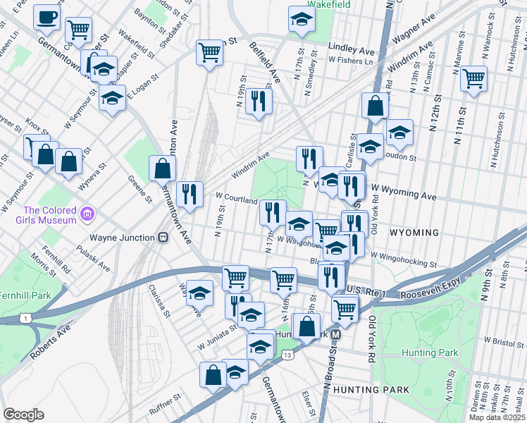 map of restaurants, bars, coffee shops, grocery stores, and more near 4531 North 18th Street in Philadelphia