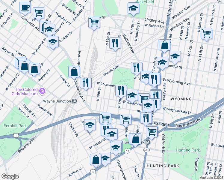 map of restaurants, bars, coffee shops, grocery stores, and more near 4531 North 18th Street in Philadelphia