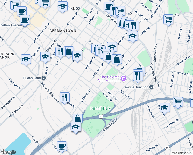 map of restaurants, bars, coffee shops, grocery stores, and more near 324 West Seymour Street in Philadelphia
