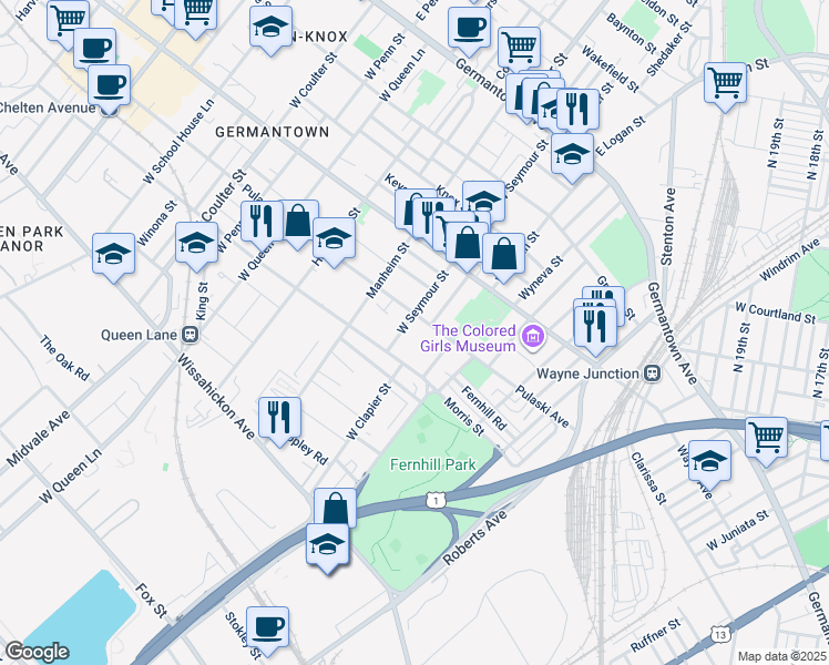 map of restaurants, bars, coffee shops, grocery stores, and more near 324 West Seymour Street in Philadelphia