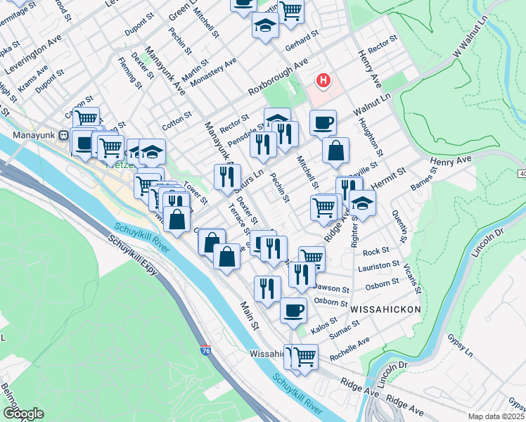 map of restaurants, bars, coffee shops, grocery stores, and more near 4027 Manayunk Avenue in Philadelphia