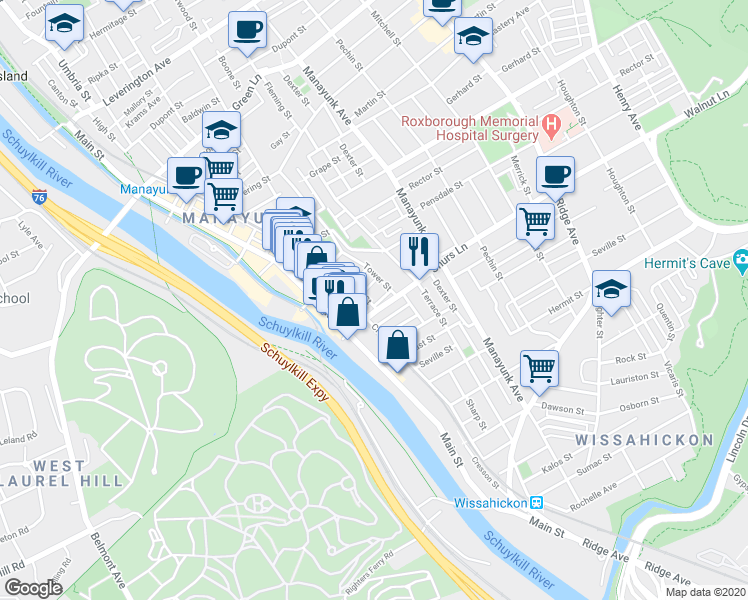map of restaurants, bars, coffee shops, grocery stores, and more near 118 Shurs Lane in Philadelphia