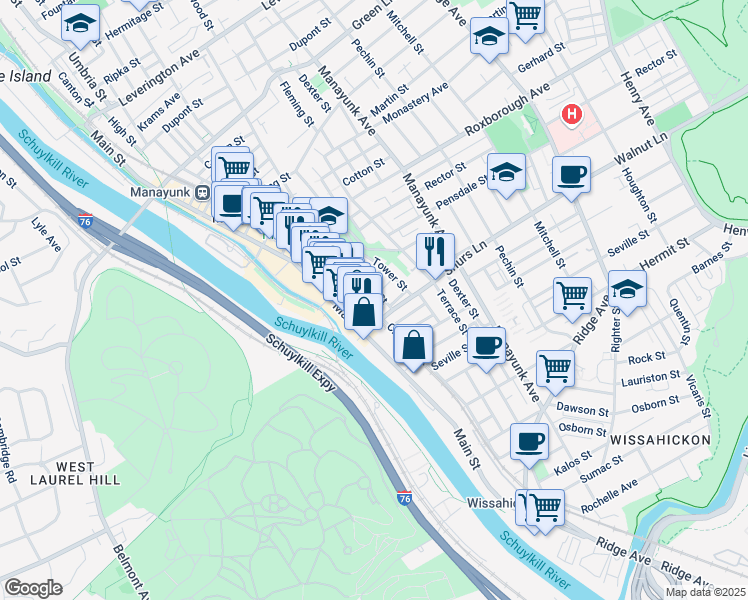 map of restaurants, bars, coffee shops, grocery stores, and more near 118 Shurs Lane in Philadelphia
