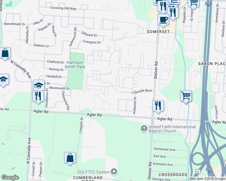 map of restaurants, bars, coffee shops, grocery stores, and more near 2485 Round Rock Drive in Columbus