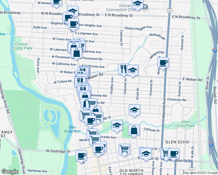 map of restaurants, bars, coffee shops, grocery stores, and more near 123 East Tulane Road in Columbus